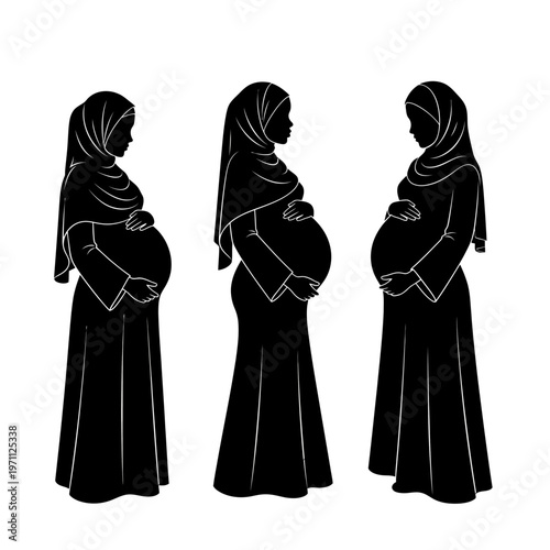 Pregnant Muslim Women in Hijab Silhouettes.