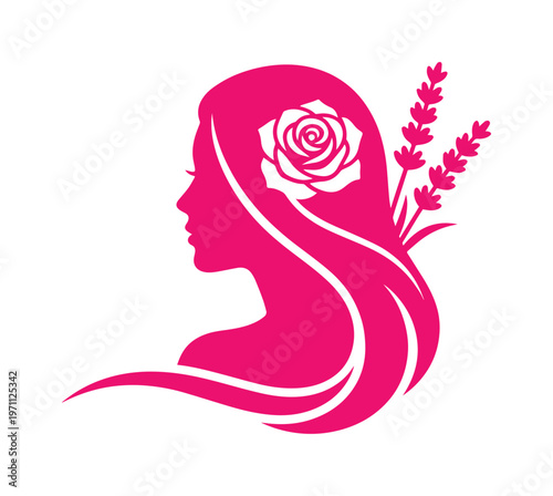 美しい女性の横顔とバラ、ラベンダーのシルエット、エレガントなピンクのベクターアイコン、美容、スパ、アロマテラピー、化粧品ブランドのロゴデザインに最適な素材