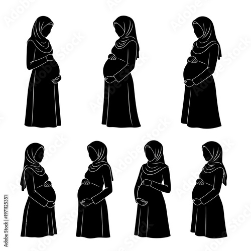Pregnant woman in hijab standing poses.