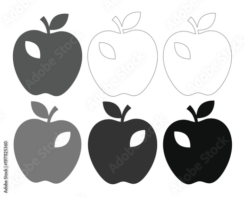 様々なスタイルと濃淡のリンゴのベクターアイコンセット。健康、栄養、自然食品のコンセプトに最適な、シンプルでモダンなイラスト素材。