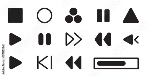 Abstract geometric player control symbols and interface elements play pause stop rewind fast forward and volume icons.