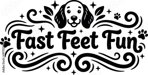 Black and white fast feet fun dog face with paw prints and swirls vector art
