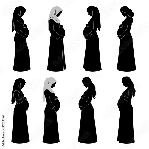 Pregnant Muslim Women in Hijab Silhouettes.