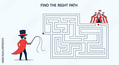Fun educational maze game for kids features a circus ringmaster trying to find the path to his colorful red and white striped tent.