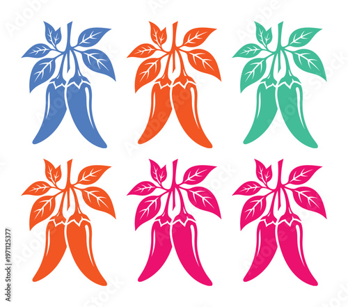 カラフルな唐辛子と葉のベクターイラストセット、料理やメキシコ料理のテーマに最適な鮮やかなチリペッパーのアイコン素材、辛味と風味を表現するデザインエレメント