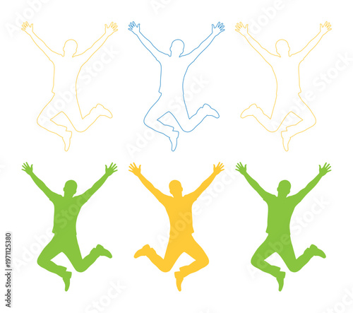 喜びを表現するジャンプする人々のシルエット、活気あるライフスタイルと成功を象徴するベクターイラストセット。幸福感あふれる瞬間を捉えた、多様な感情とポジティブなエネルギーを伝えるデザイン素材。