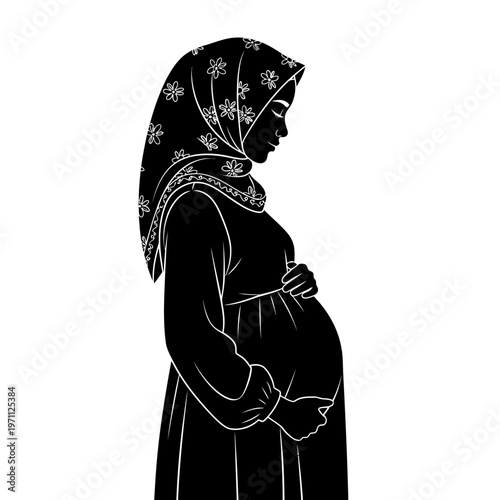 Pregnant Woman Wearing Headscarf Silhouette Profile.