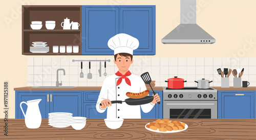 Professional young chef in a white uniform and hat expertly tosses a grilled sausage in a frying pan within a modern blue kitchen.