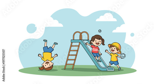 Energetic children enjoy themselves on a park playground featuring a blue slide and a girl doing a fun handstand on the grass.