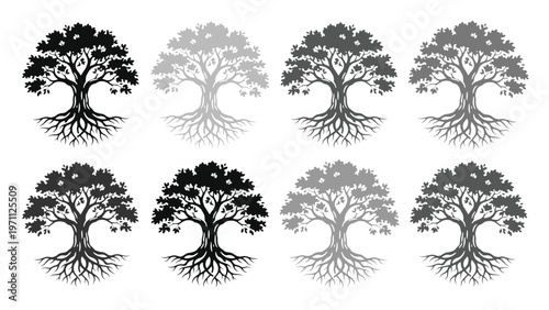 生命の木、力強い根と豊かな葉を持つシンボルツリーのモノクロベクターイラストセット。自然、成長、生命力を象徴するデザイン素材。