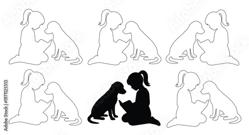 子供と犬のシルエット、友情と絆を象徴するシンプルなベクターイラスト素材。ペットとの触れ合い、読書、遊びのシーンに最適な白黒アウトラインと塗りつぶしデザイン。
