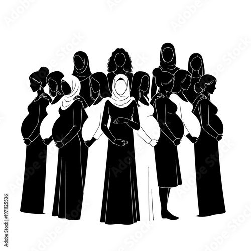 Pregnant Women in Hijab Silhouette Group.