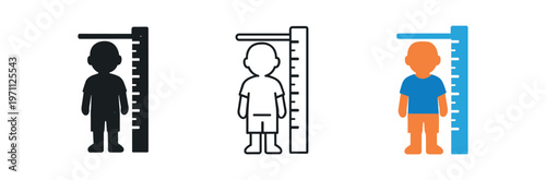 Child height measurement icon set. growth, ruler, pediatric, age, checkup, scale, development. line, flat and colored vector icon set.