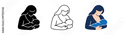 Mother breastfeeding baby icon set. nursing, maternal care, infant feeding, motherhood, baby bonding. line, flat and colored vector icon set.