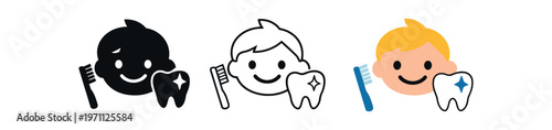 Child brushing teeth icon set. tooth, toothbrush, dental care, oral hygiene, kid smile, pediatric dentistry. line, flat and colored vector icon set.