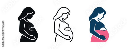 Pregnant woman icon set. expectant mother, pregnancy, maternity, maternal health, baby bump, prenatal care. line, flat and colored vector icon set.