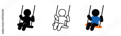 Child on swing icon set. playground, swing, park, kid, toddler, play, recreation, outdoor leisure. line, flat and colored vector icon set.