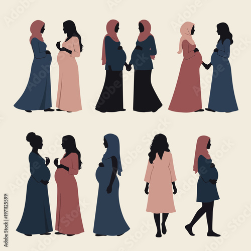 Pregnant women in hijab walking together.