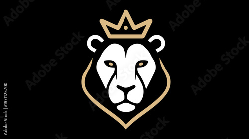 Stylized regal lion head with a golden crown, abstract vector graphic on black, symbol of strength, royalty, and leadership.