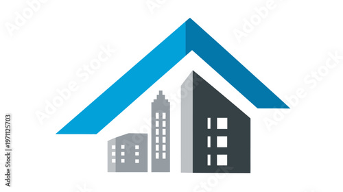Abstract Blue Roof Covering Modern City Buildings - Real Estate, Housing, Urban Development, Property Icon Graphic