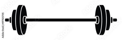 シンプルなバーベルのシルエットアイコン、フィットネスや筋力トレーニングを象徴する黒いウェイトリフティング器具のベクターイラスト、スポーツジムのウェブサイトやアプリデザインに最適