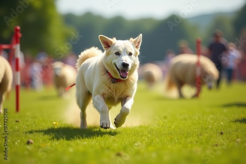An agile sheep-dog weaving through obstacles during a herding competition, skilled, canine
