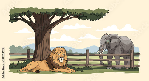 Majestic lion rests under a large acacia tree while a large elephant stands behind a wooden fence in a safari park.