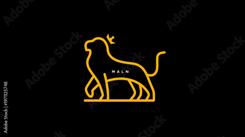 Elegant Golden Line Art Crowned Mythical Beast Walking Illustration on Black Background. Minimalist Animal Symbol.