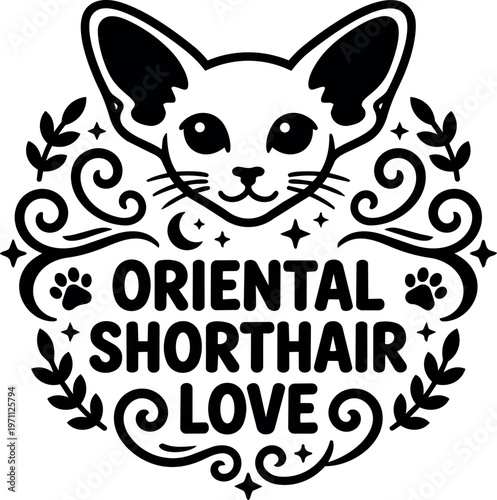 Black and white oriental shorthair cat face with decorative swirls and paws vector art
