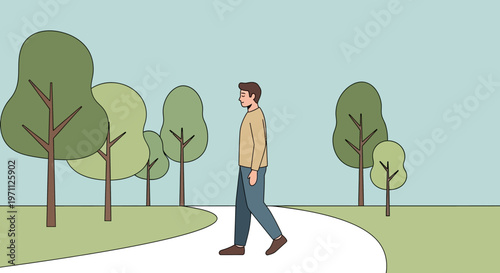 A simple yet elegant illustration captures a solitary male figure taking a relaxing journey through a verdant natural environment on a sunny day.