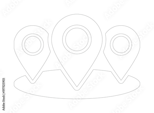 地図上の位置を示す3つのピンアイコン、シンプルでモダンな線画のロケーションマーク、GPSナビゲーションと目的地を示すベクターイラスト、ウェブサイトやアプリのUIデザインに最適なグラフィックリソース