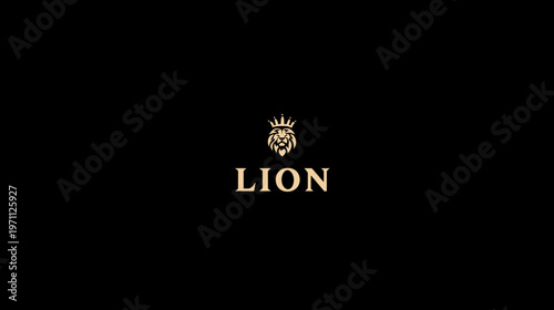 Elegant golden crowned lion head graphic symbol with text on black background, royal animal emblem design concept.