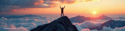 Dark figure celebrates atop a majestic peak Triumph, exhilaration, reaching the top , outdoor, mountain