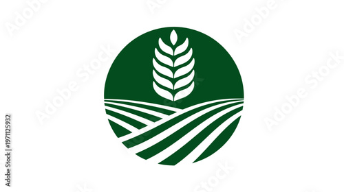 Eco-friendly agricultural emblem: stylized wheat stalk above rolling green farm fields in a circular design, representing organic farming.