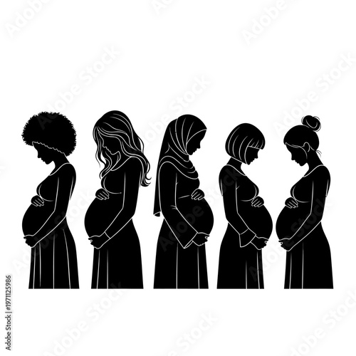 Pregnant Women Silhouettes in Line.