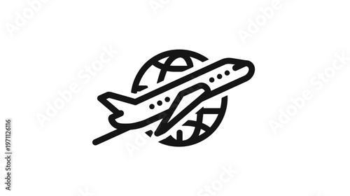 Worldwide air travel concept icon: plane flying around earth globe, representing international transport and tourism.