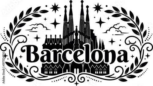 Black and white barcelona with sagrada familia silhouette and decorative laurel wreath vector art
