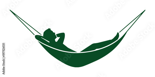 ハンモックでリラックスする人物のシルエットベクターイラスト、緑色のシンプルでミニマルなデザイン、休暇や休息のコンセプト、ウェブサイトや広告バナーに最適なグラフィック素材