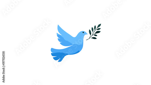 Blue dove flying with a green olive branch, symbolizing peace, hope, freedom, and spirituality on a clean white background.