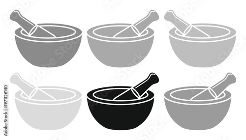 薬研と乳鉢のモノクロームベクターアイコンセット、伝統的な薬作りや料理、科学実験に使えるシンプルなデザイン、6つの異なるグレーシェードで表現された薬研と乳鉢のイラスト