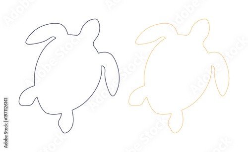 シンプルでミニマルなウミガメの線画イラストセット。海の生き物、海洋生物のシルエット。自然保護、エコフレンドリーなデザイン素材、ベクター。