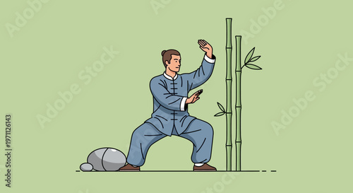 An illustrative depiction of a man gracefully performing traditional Tai Chi exercises outdoors, emphasizing balance, mindfulness, and ancient martial arts practices.