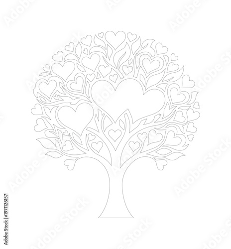 愛と生命の象徴、ハートの葉が茂る生命の木ベクターイラスト。結婚式、バレンタイン、記念日デザインに最適なロマンチックなグレースケールアート。