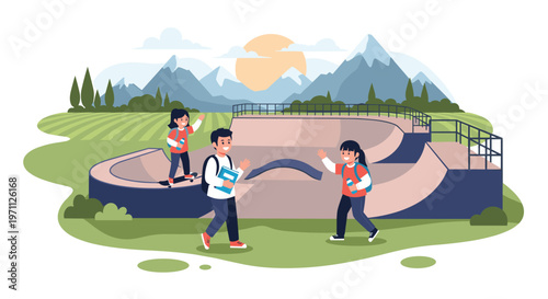 Three happy students with backpacks walk past a modern skate park in a beautiful valley with high mountains in the background.