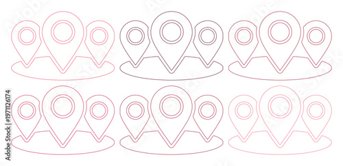 ミニマルなロケーションアイコンセット、ピンクのグラデーションが美しい地図ピンとGPSマーカーのベクターイラスト、ウェブサイトやアプリのUIデザインに最適な位置情報シンボルコレクション