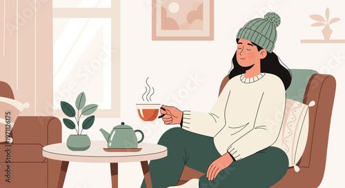 A relaxed woman in a cozy sweater and beanie sips hot tea, enjoying a peaceful moment of comfort and warmth within her inviting home.