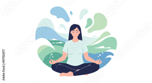 A serene woman finds inner peace and mindfulness through meditation, surrounded by calming abstract natural elements and flowing blue-green shapes.