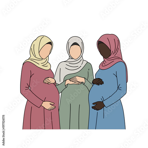 Pregnant women wearing headscarves together.