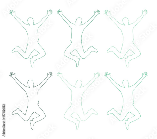 喜びを表現するジャンプする人々のシルエット、躍動感あふれるアクティブな動きのベクターイラストセット。幸福感と自由を象徴する、多様なポーズの人物アウトラインコレクション。