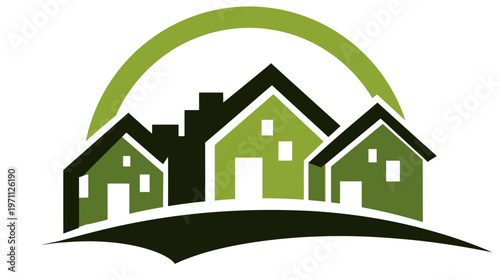 Green houses illustration with arch, perfect for real estate, eco-friendly living, sustainable housing, and community development.